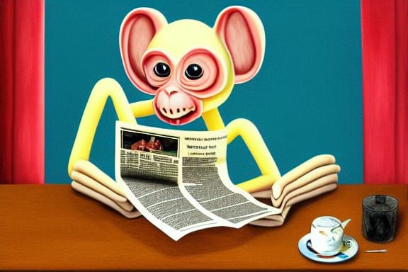 Humanoid Monkey Reads Newspaper: Digital Art Illustration