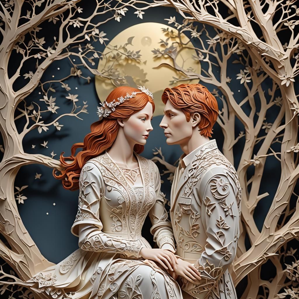 Redhead Lady with Lover in Kirigami Style