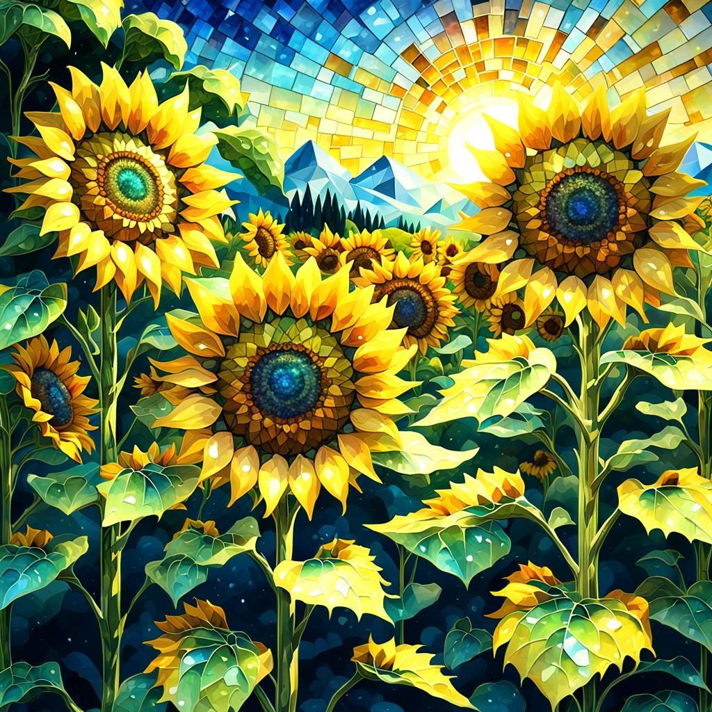 Crystal Sunflowers Landscape in 3D Watercolor