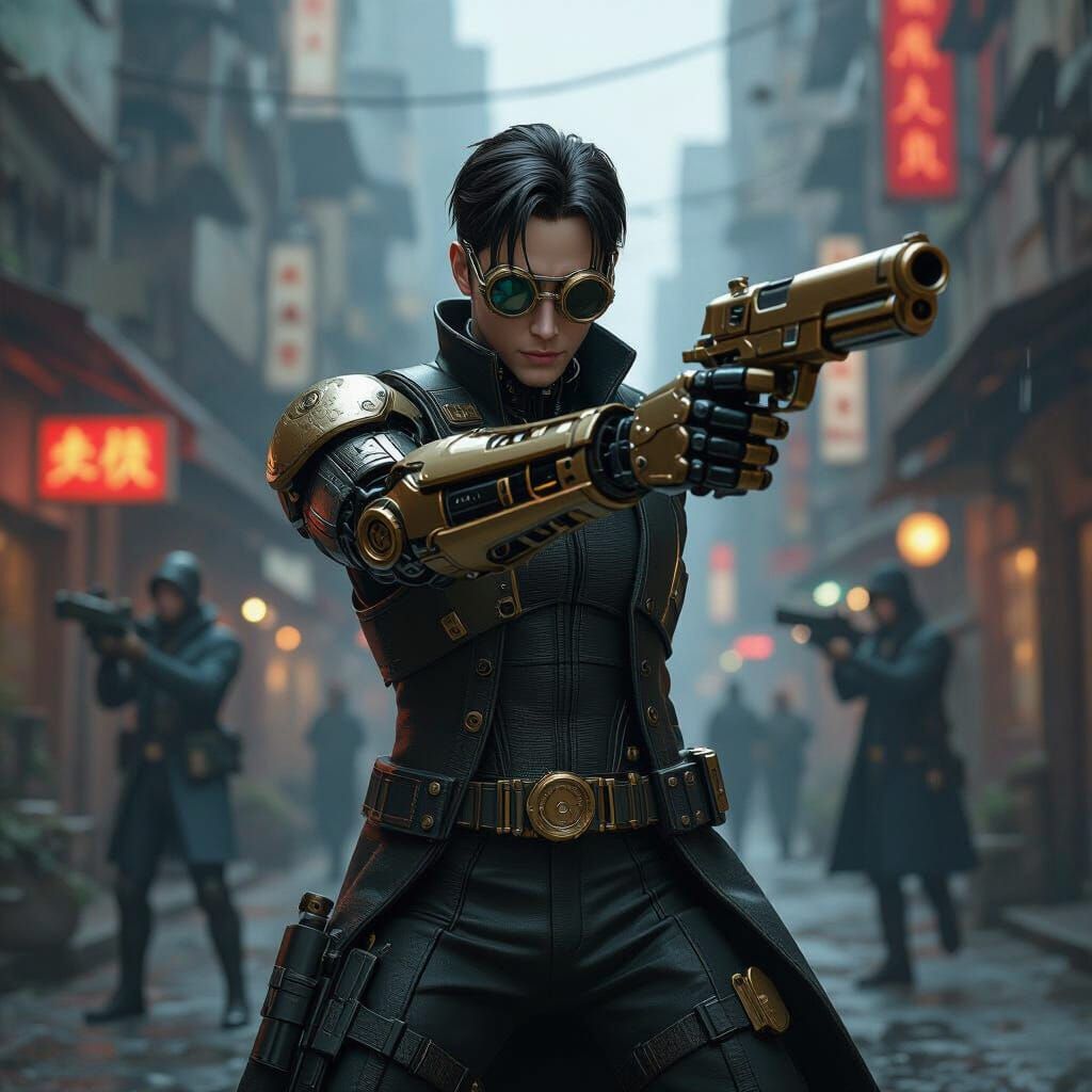 Steampunk Neo Cyborg Fights Agents in Gritty City