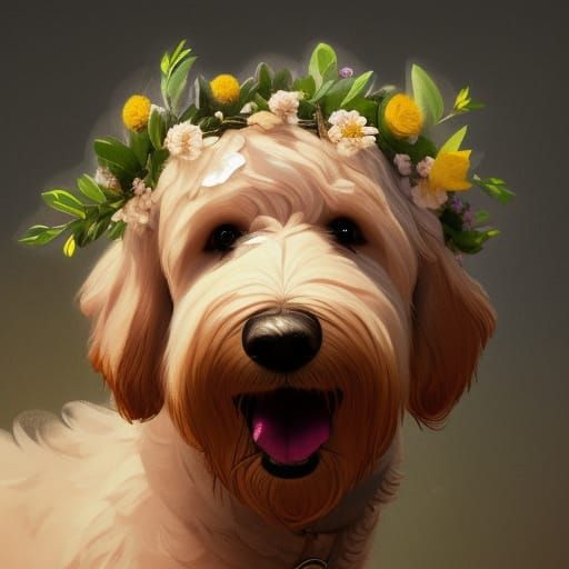 Golden Doodle with Flower Crown, Digital Art