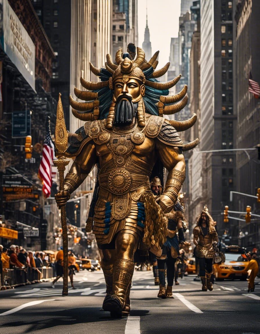 <lora:RealisticPortrait:1.0> sumerian god walking at NYC