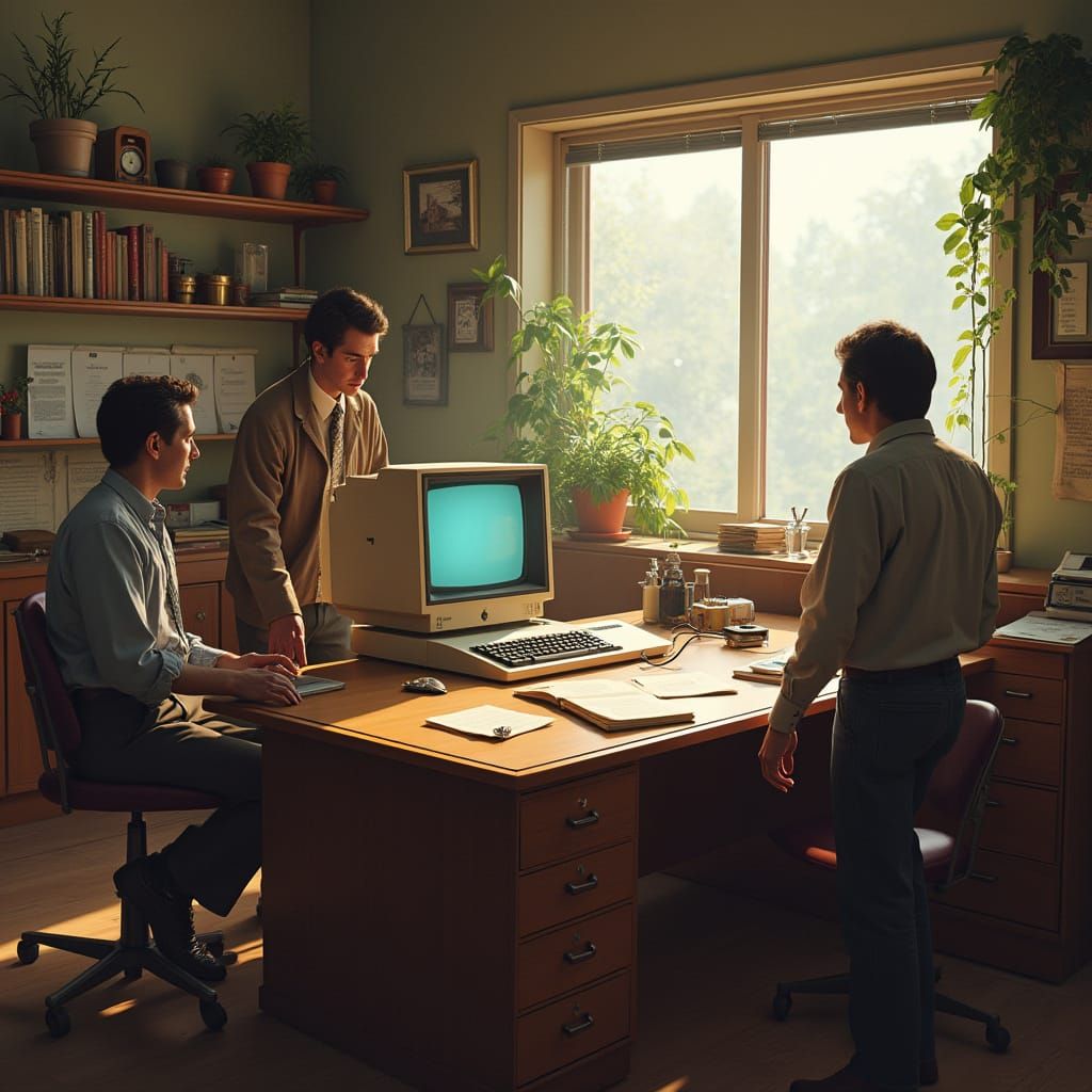Vintage Office Scene with Apple II Computer in a Warm, Retro...