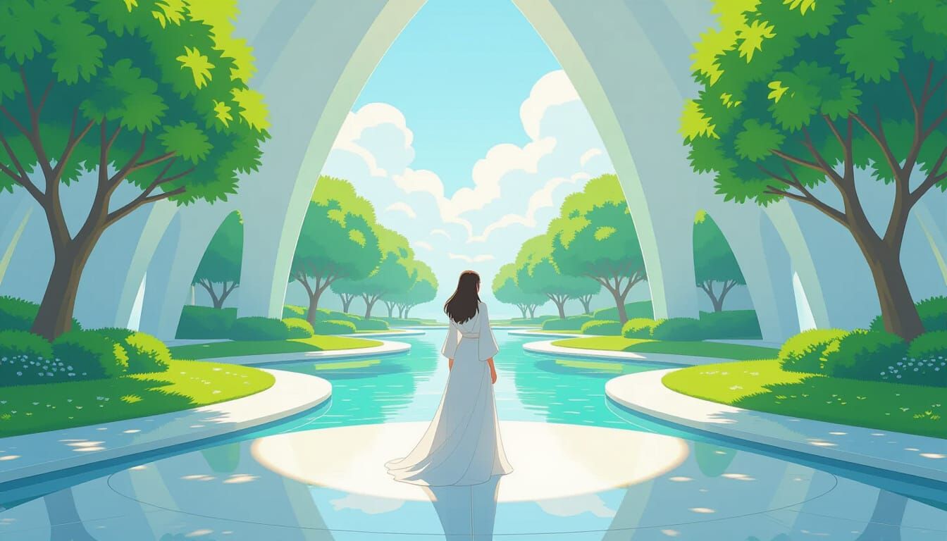 Serene Woman in Dreamy Miyazaki-esque Landscape