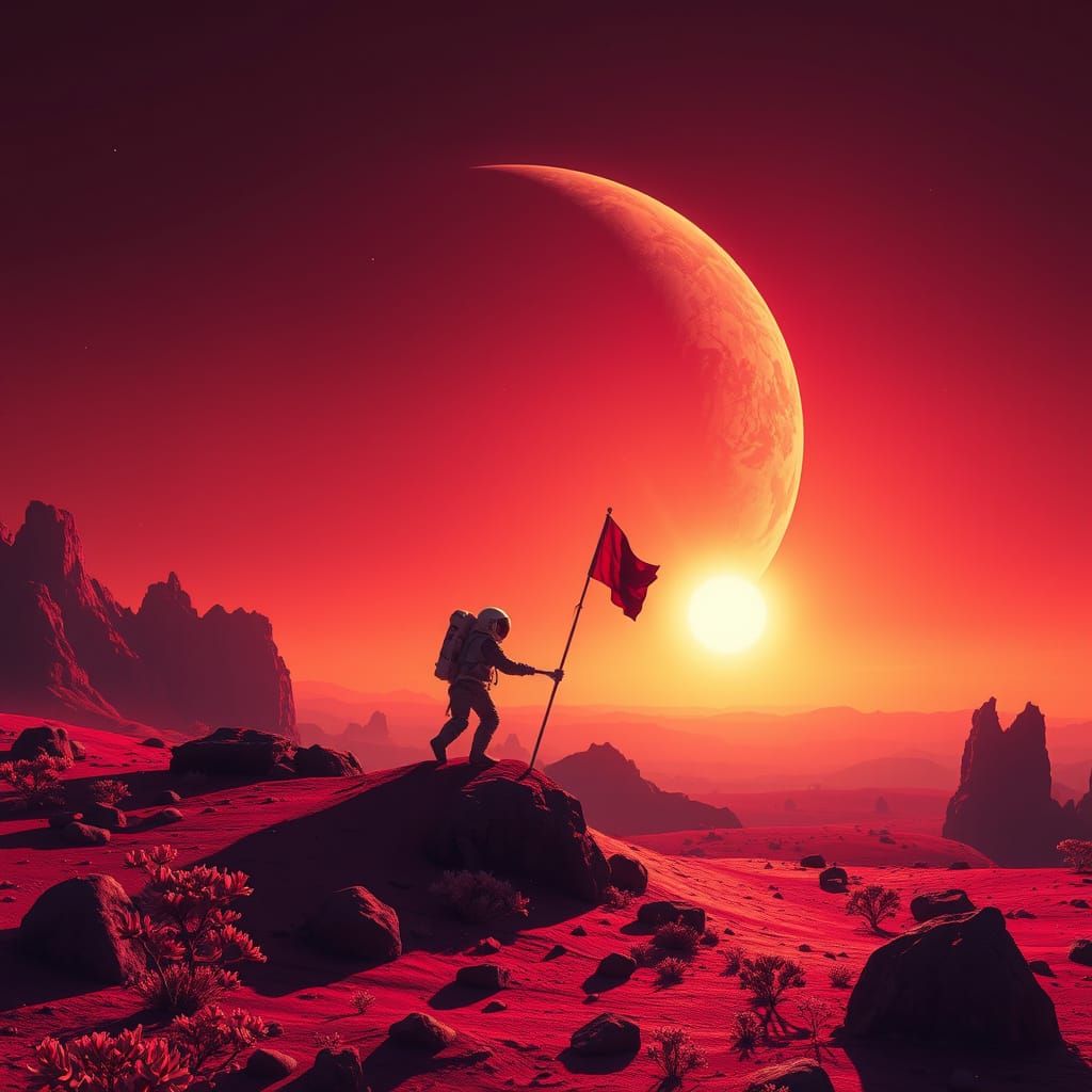 Astronaut Plants Flag on Crimson Alien Planet