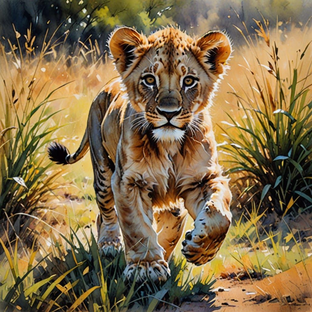 Young Lion Cub Runs Freely on Savanna in Soft Watercolor Sty...