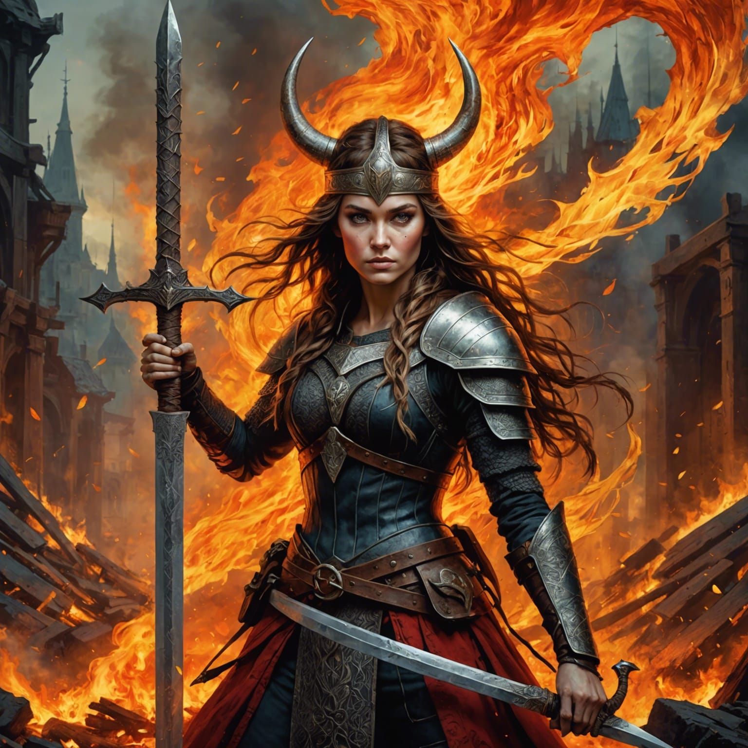 valkyrae with the sword in her hand raising, background raging fires
