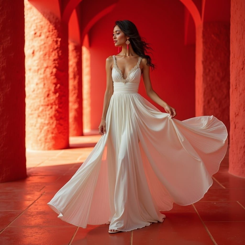 Woman in White Dress with Carmine Textures