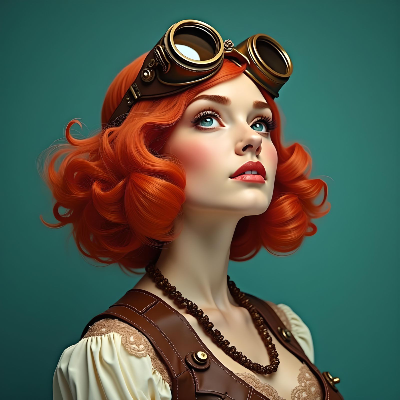 Redhead with Goggles in Steampunk Aesthetic