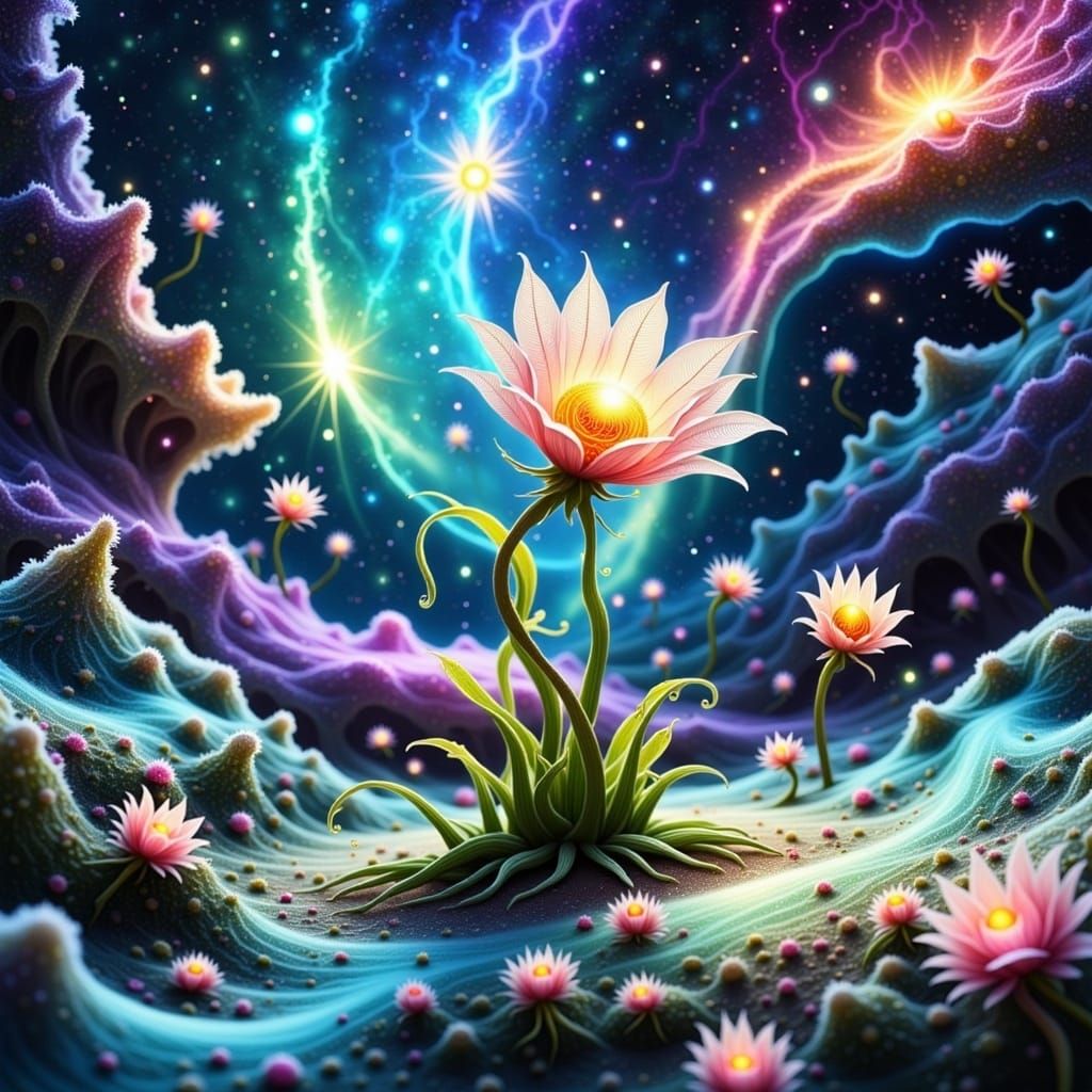 Whimsical Flower Alien in a Celestial Nebula