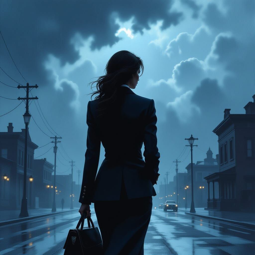 Businesswoman Silhouetted Against Stormy Sky