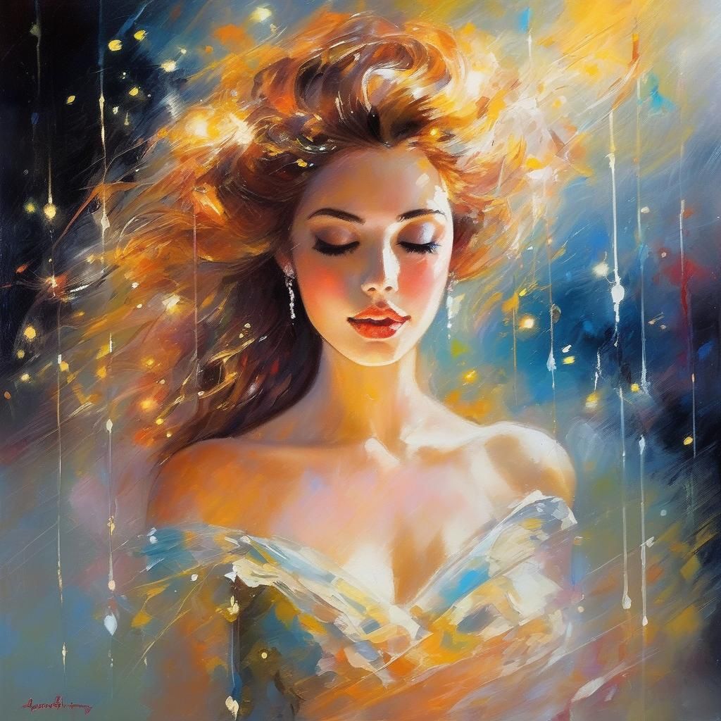 Celestial Lady in Glowing Gown, Watercolor Style