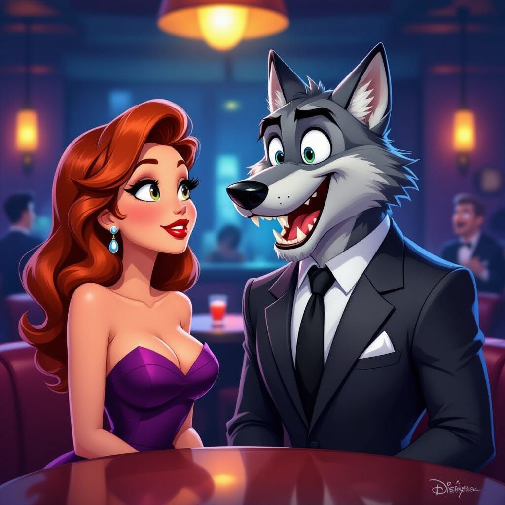 Cartoon Wolf Eyes Lady in Club as 2D Art