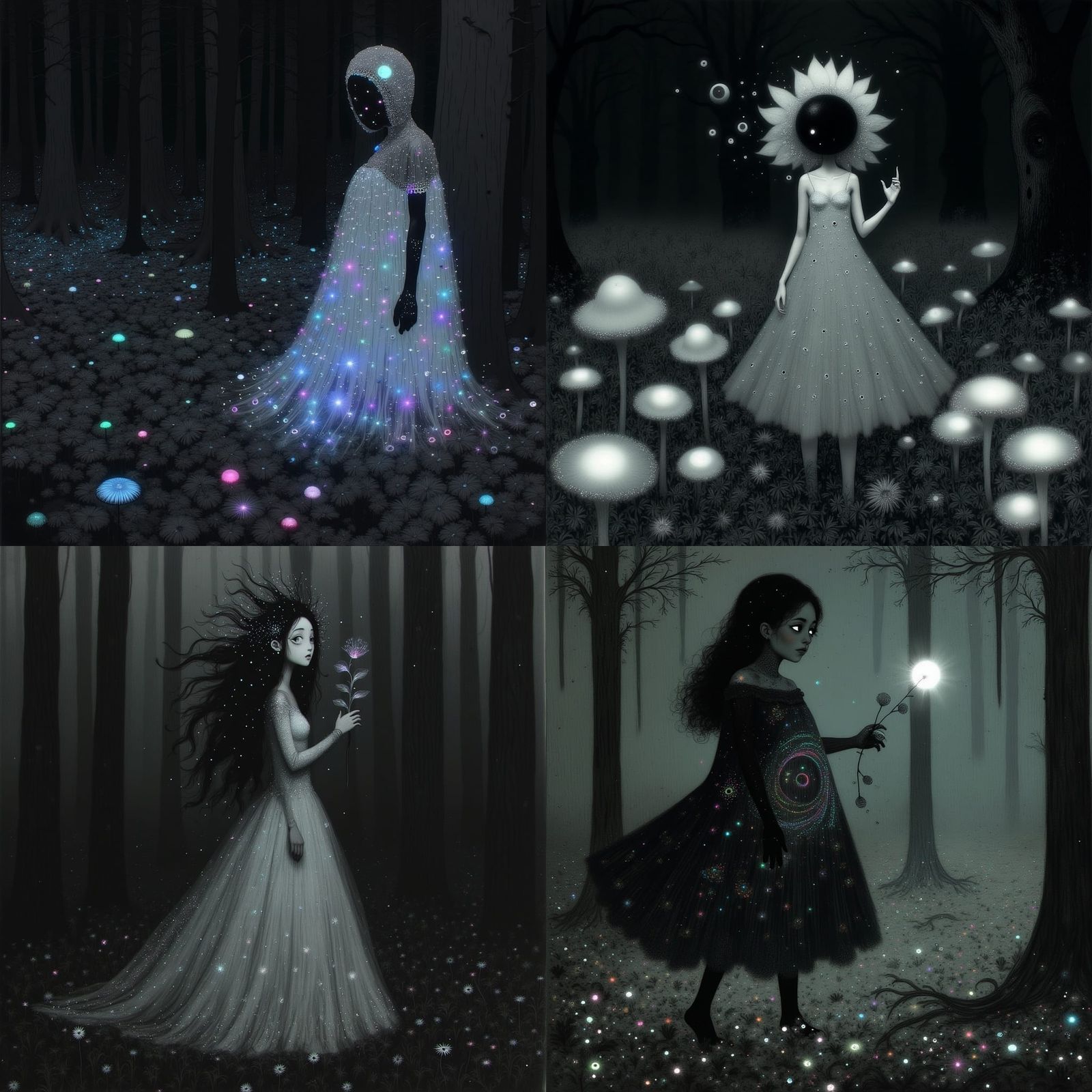 A Woman Wanders Under Starry Bioluminescent Trees