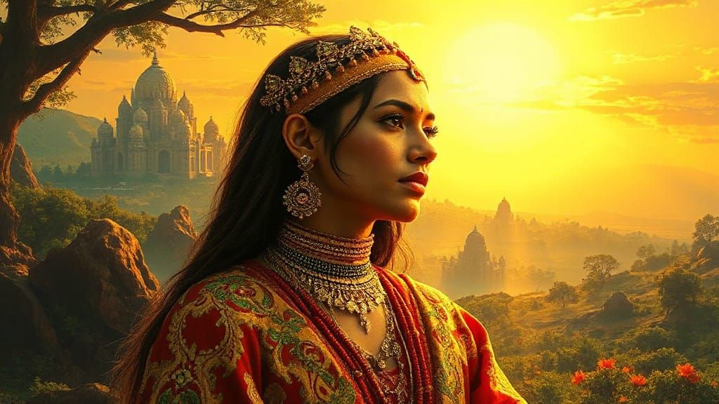 Shimmering Indian Woman in Dreamy Landscape