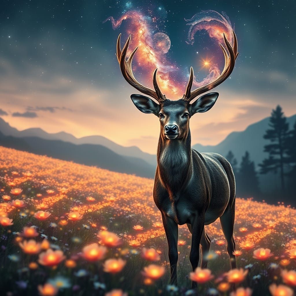 Stag with Galaxy Antlers in Bioluminescent Field