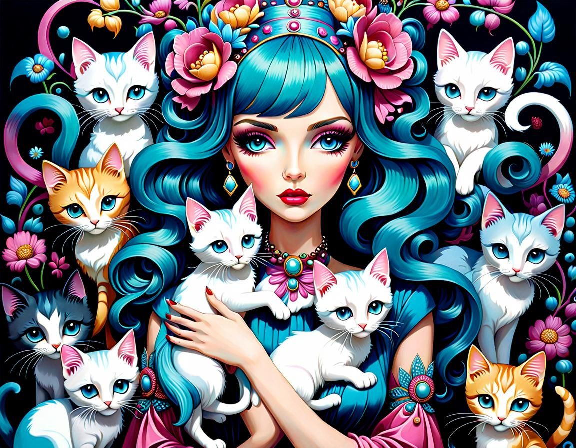 Surreal Woman with Kittens: Whimsical Illustration