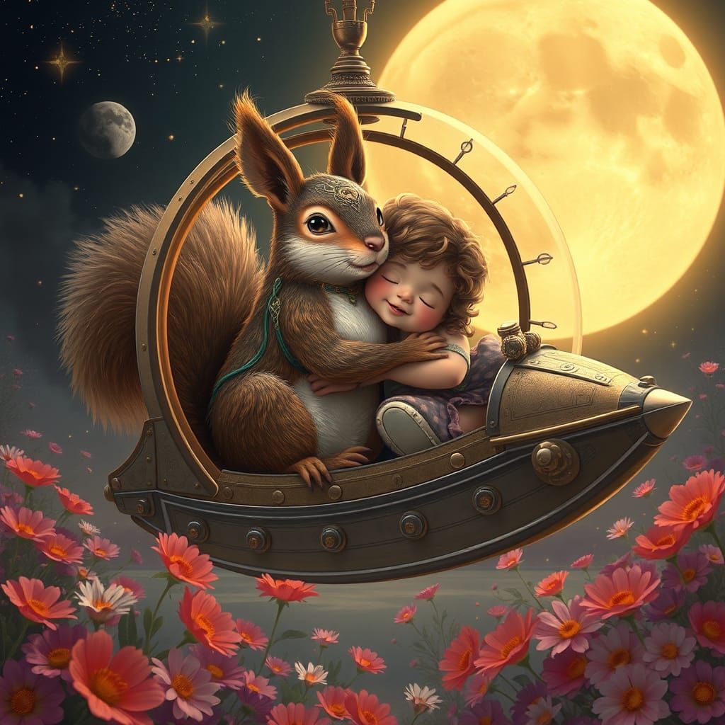 Squirrel and Child Embrace in Steampunk Spaceship