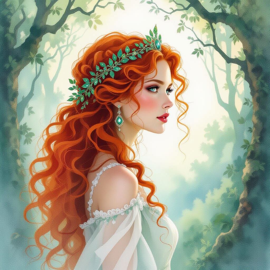 Majestic Woman with Emeralds in Watercolor Art Style