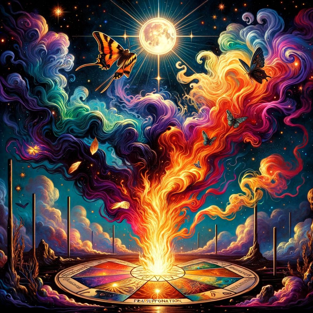 Tarot Card Fire with Moth and Moon