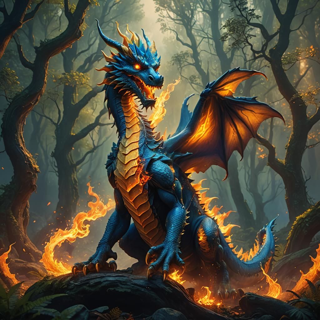 Blue Dragon Breathing Fire in Psychedelic Fantasy Art