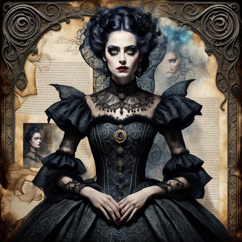Gothic Woman in Ornate Scroll: Digital Painting