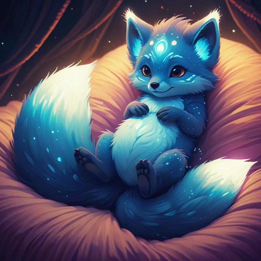 Happy, Glowing Fox Creature in a Plush Bed