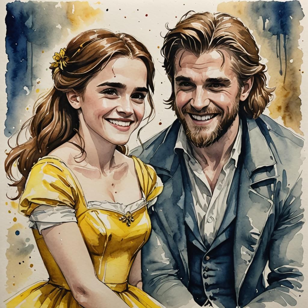 Belle and Beast Smiling: Watercolor and Ink Sketch