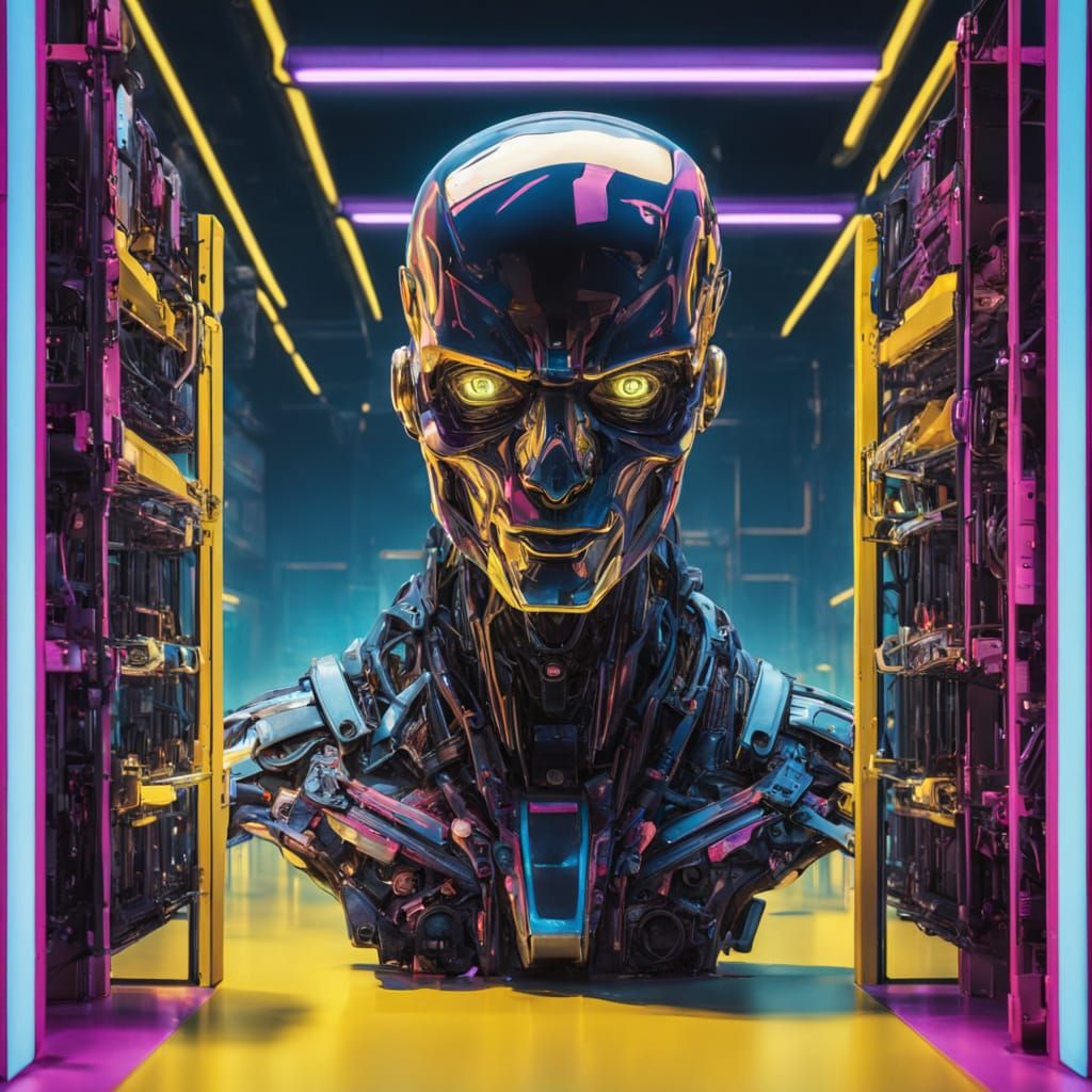 Stoic Cyborg in Cyberpunk Style Against Server Racks