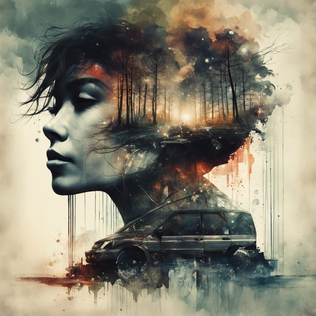 Galaxy Dripping into Cityscape Silhouette as Double Exposure