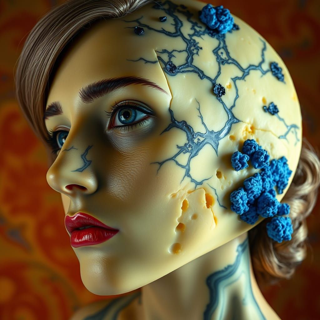 Surreal Realism of a Cheese Moon-Faced Woman in Chiaroscuro