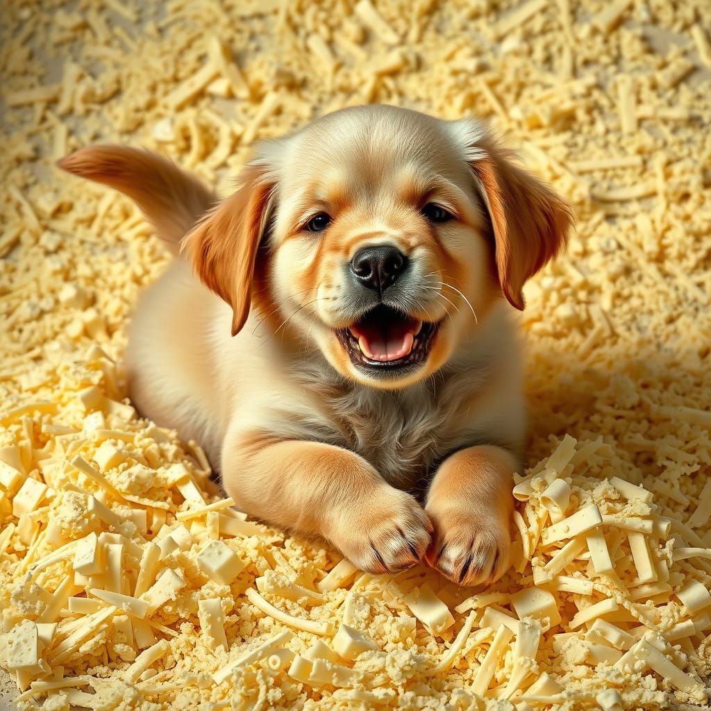 Joyful Golden Retriever in Hyperrealist Shredded Cheese Scen...