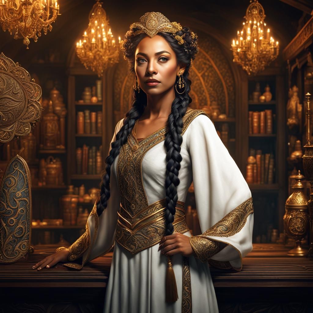 Elven Matron in Medieval Shop, Hyper-Detailed 3D Art