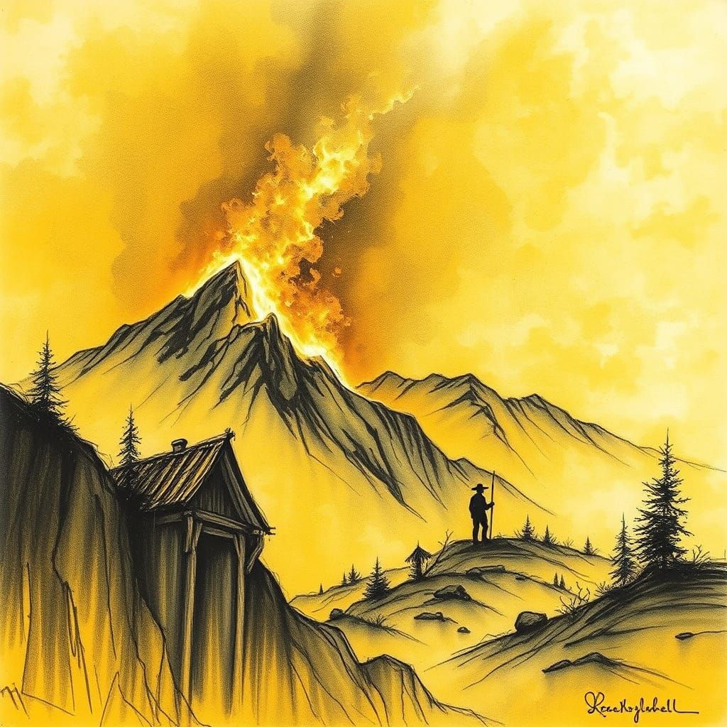 Minimalist Gold Sketch of Ancient Fire Quest