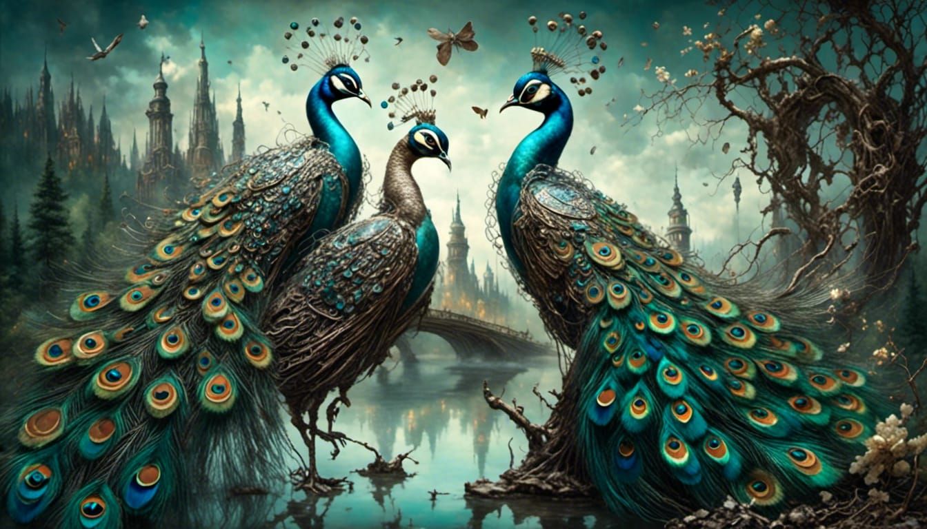 Biomechanical Peacocks in Steampunk Forest