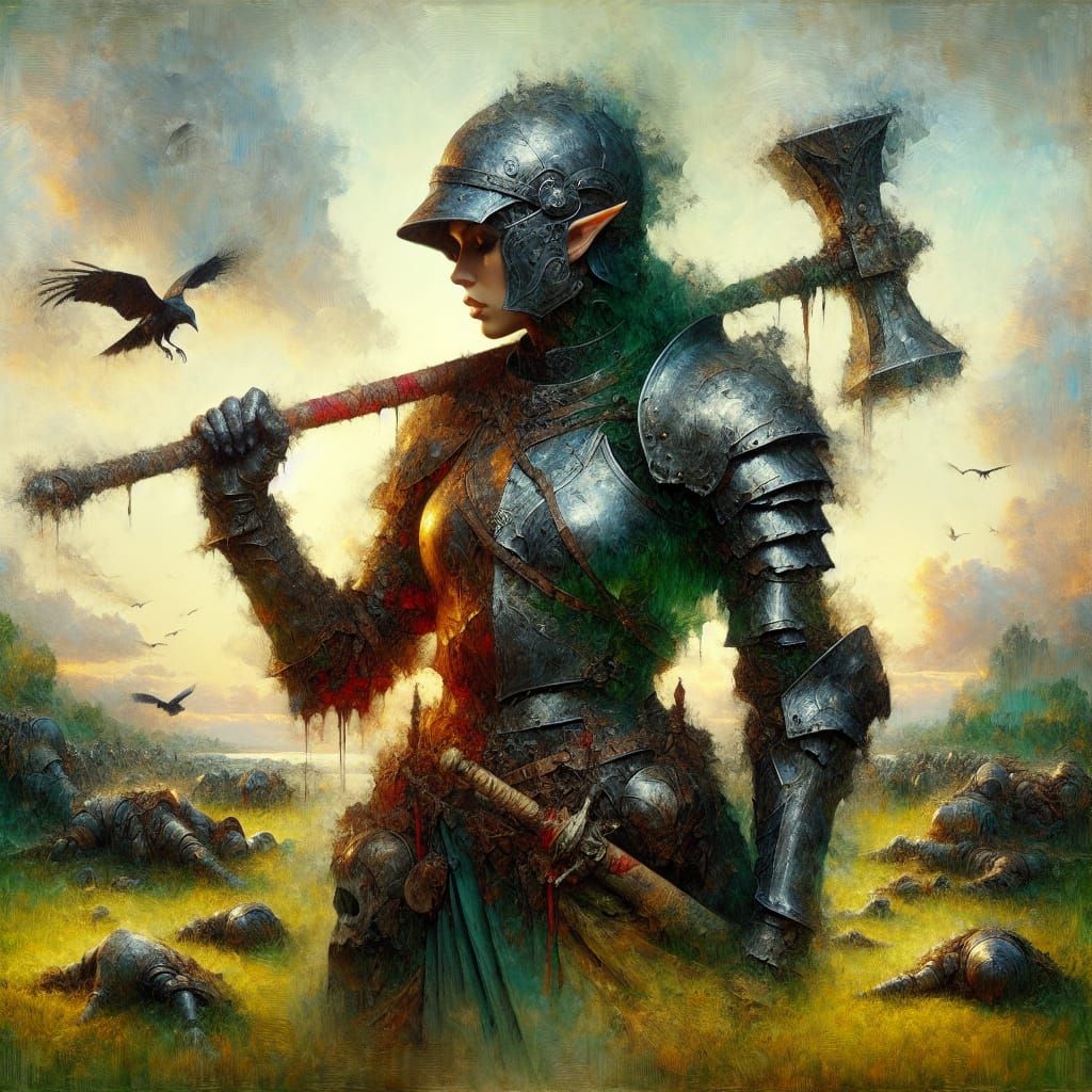 Ethereal Renaissance Warrior in Haunting Sunset Landscape