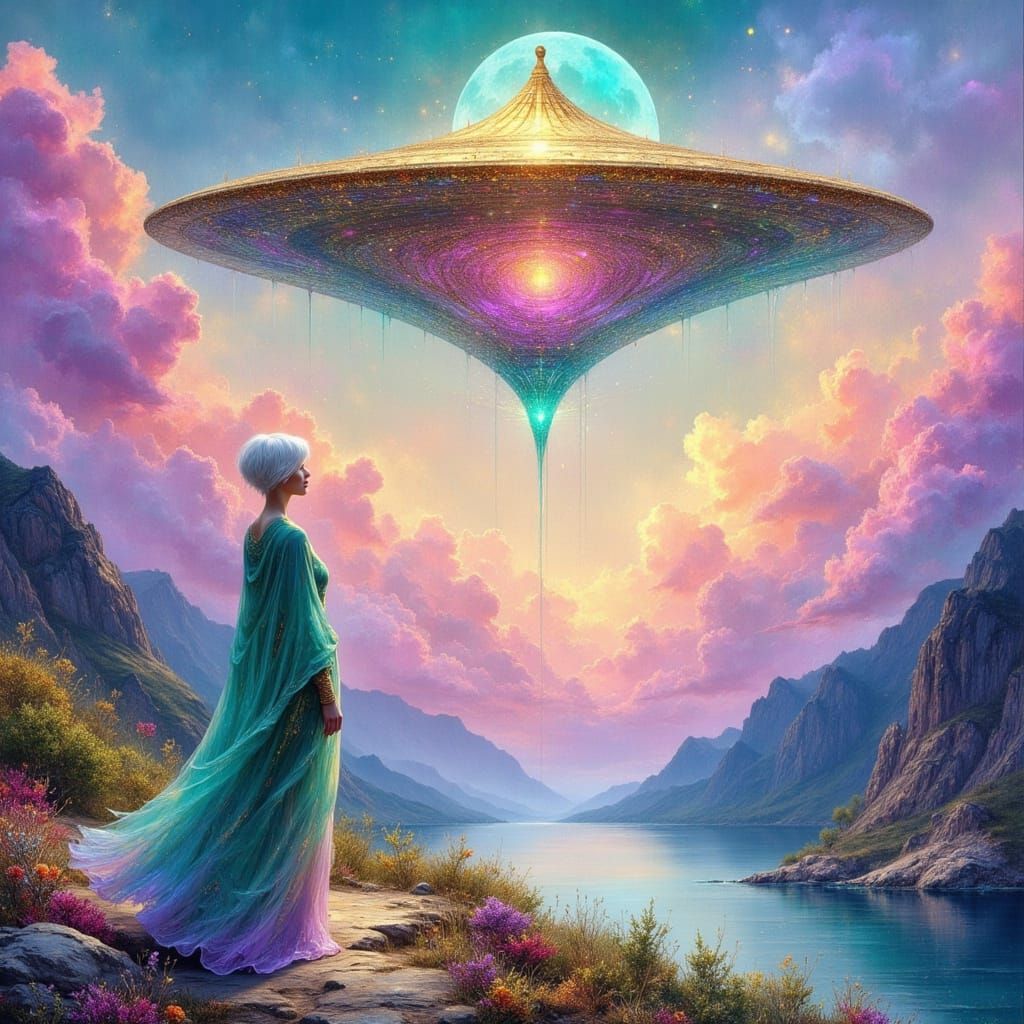 Woman Gazing at Shimmering Spaceship in Impressionist Style
