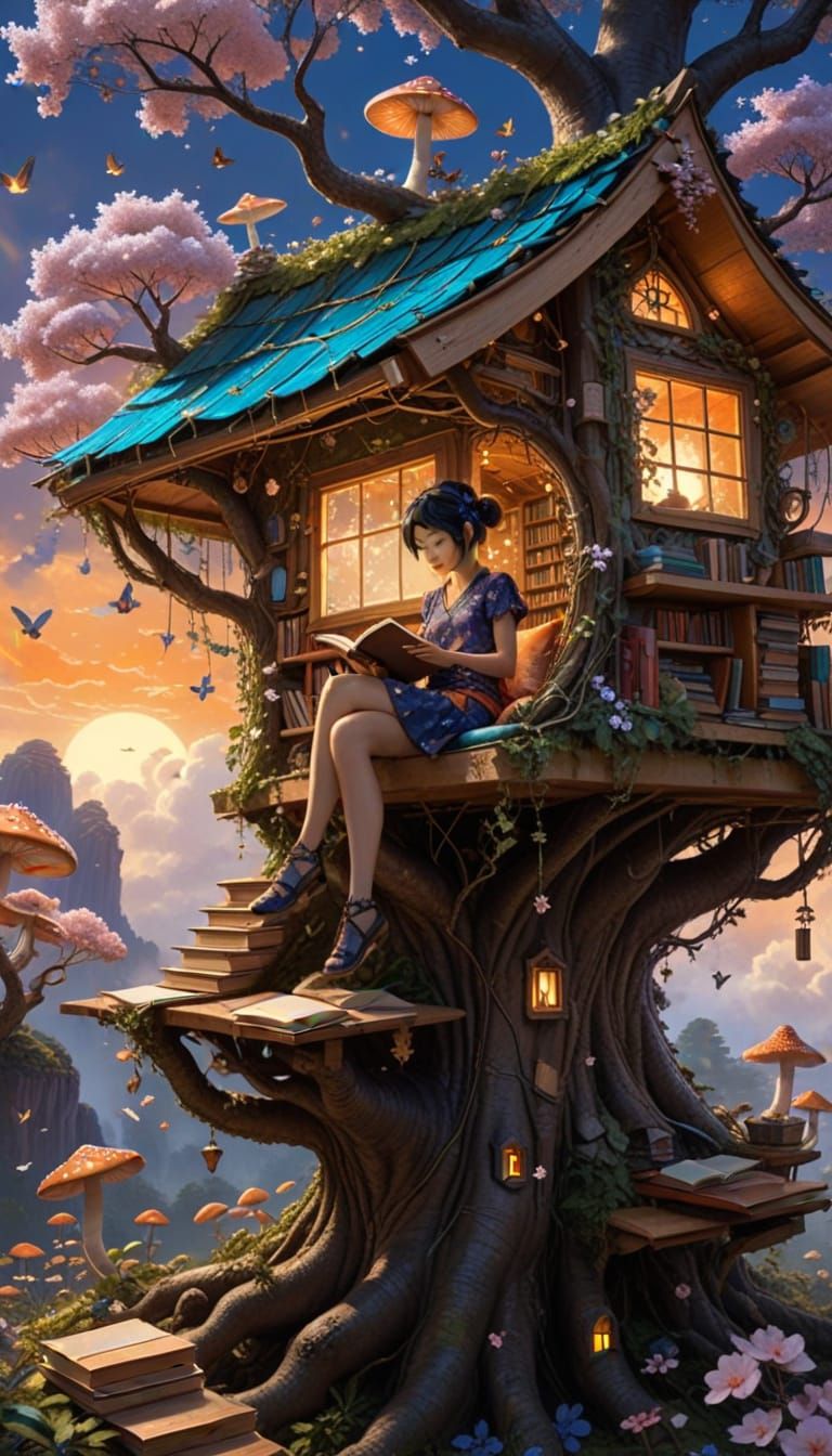 Pixie Reading in Organic Treehouse Library