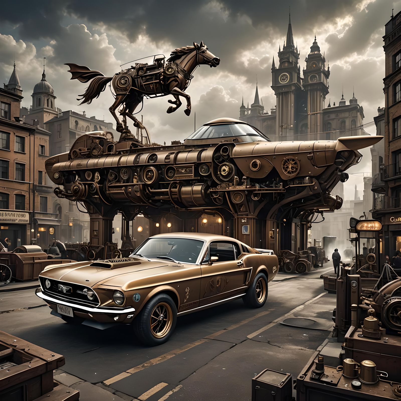 Steampunk 1968 Ford Mustang in Gothic City