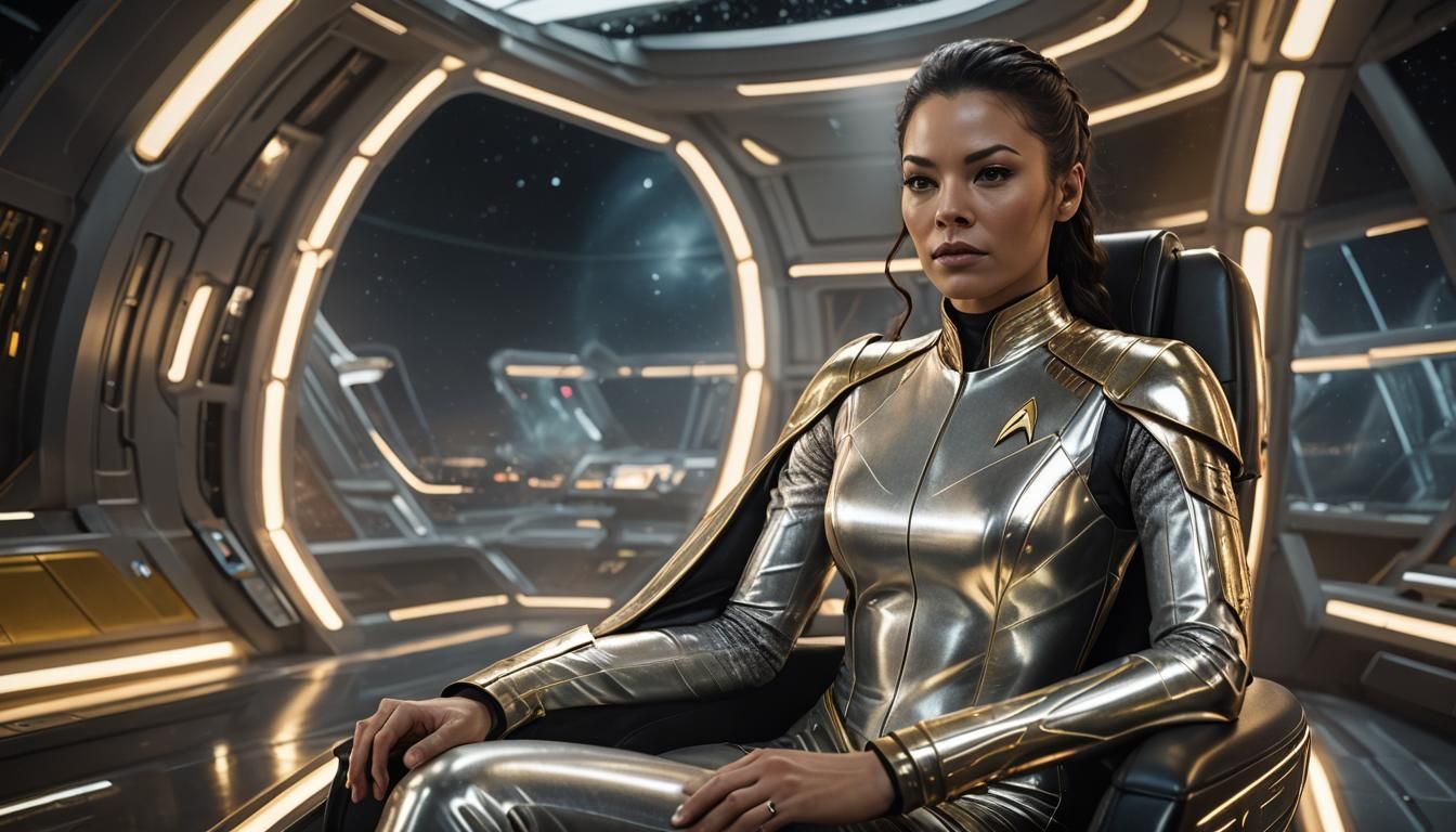 Futuristic Woman in Star Trek Uniform on Starship Bridge