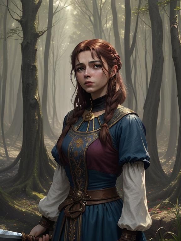 Tired Young Warrior in Dark Fantasy Forest