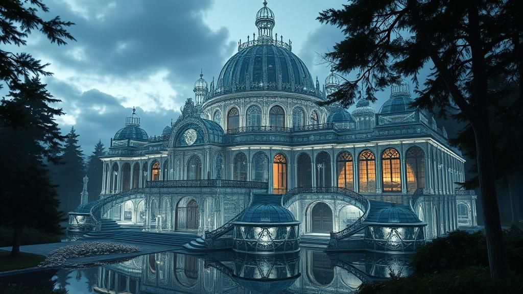 Transparent Glass Castle in Dark Forest