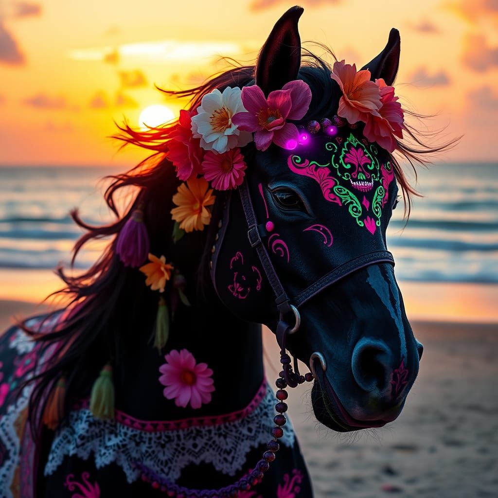 Day of the Dead Horse in Neon Folk Art