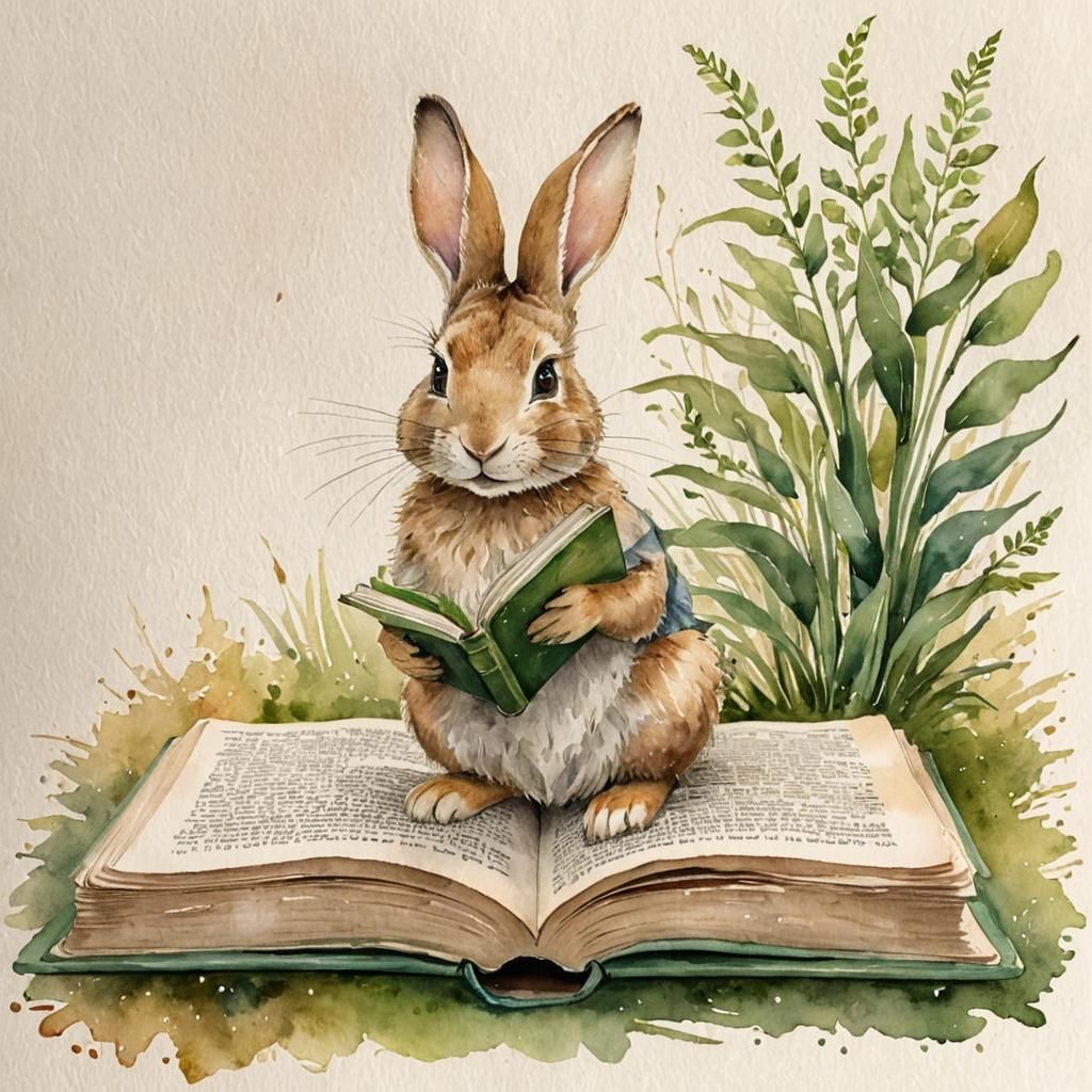 Rabbit with Ancient Book, Watercolor Illustration