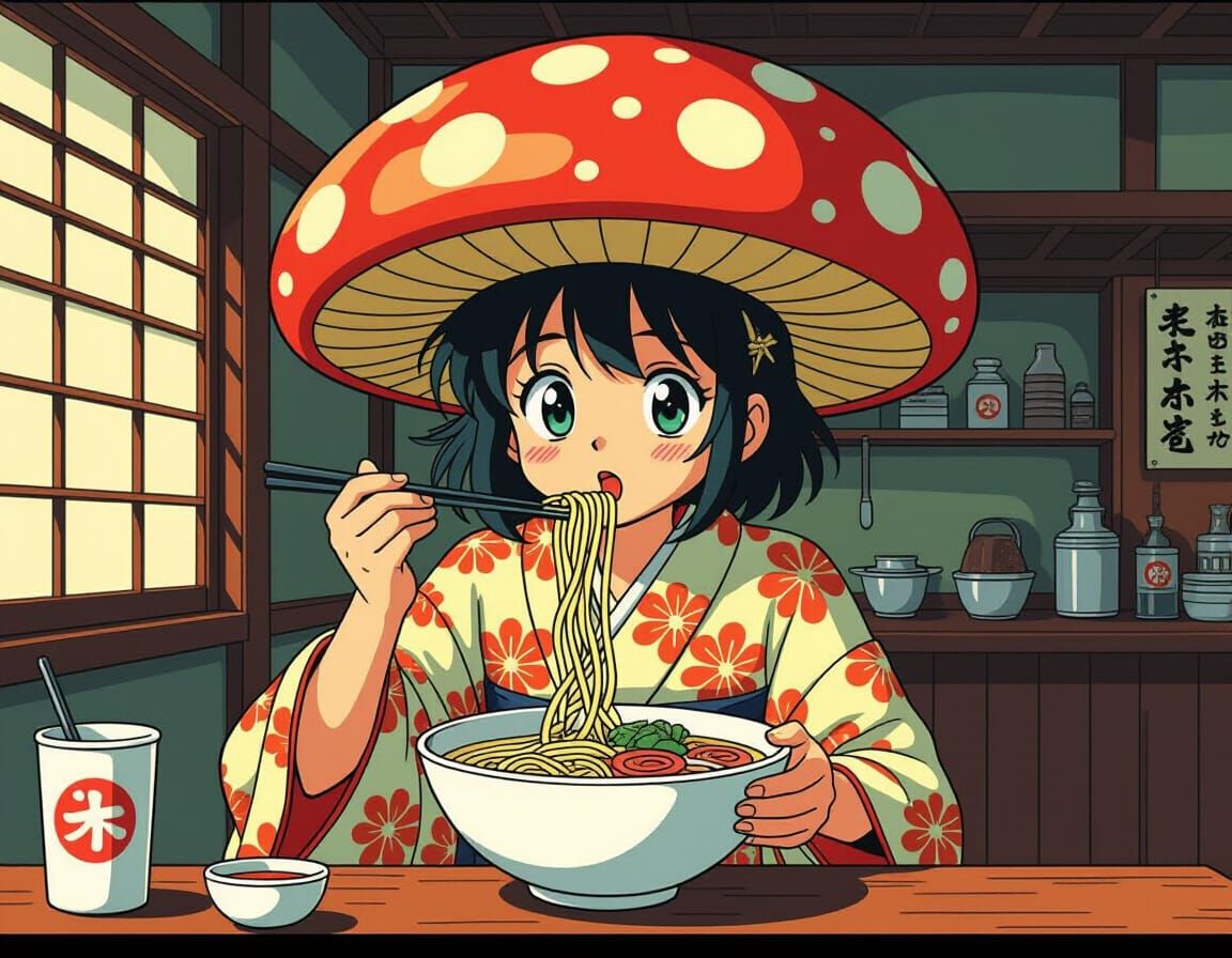 Anime Mushroom Slurping Ramen in Osamu Tezuka Style