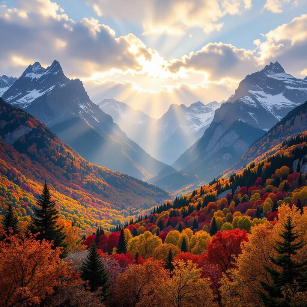 Breathtaking Fall Mountain Landscape with Sunbeams