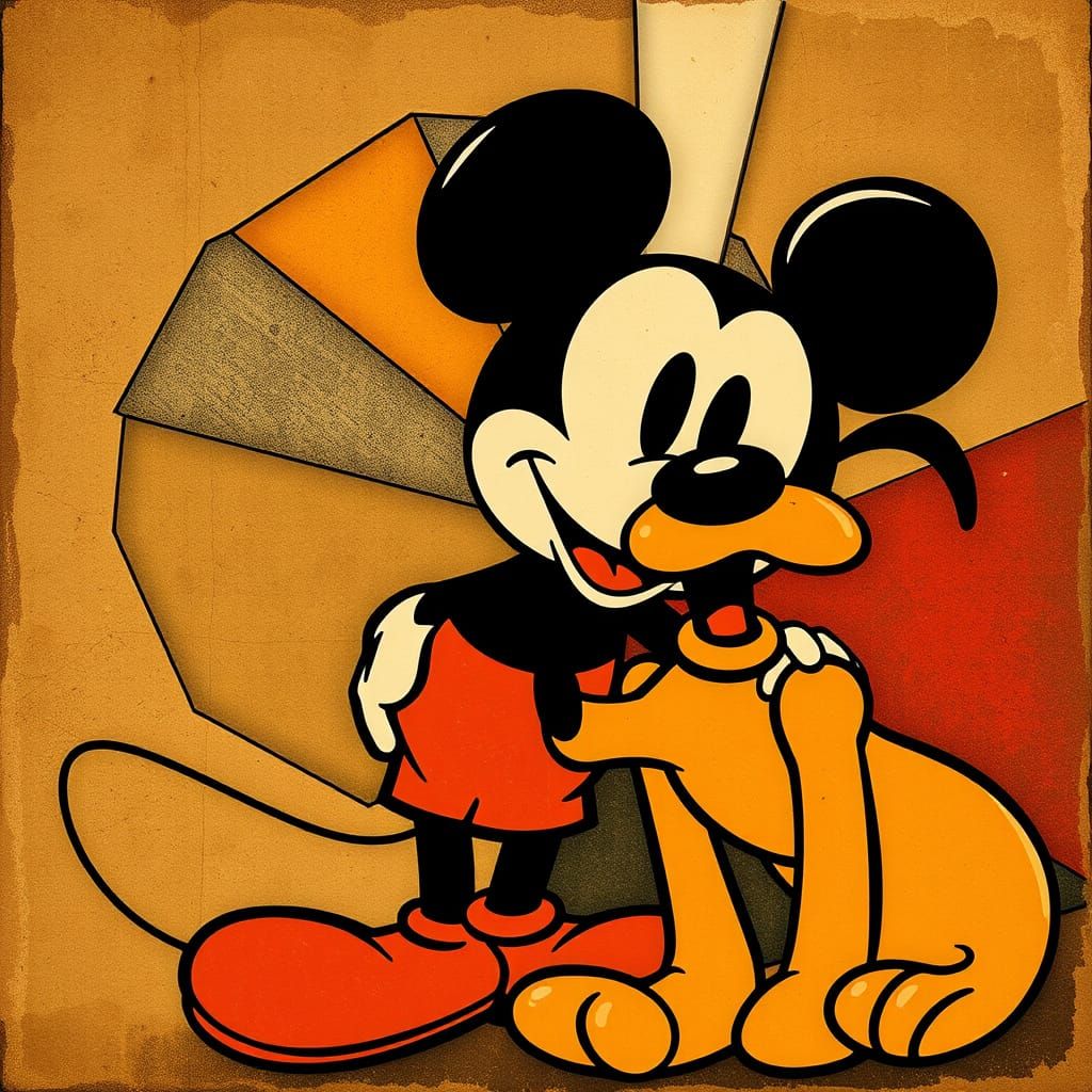 Mickey & Pluto Retro Poster in 1950s Cubist Style