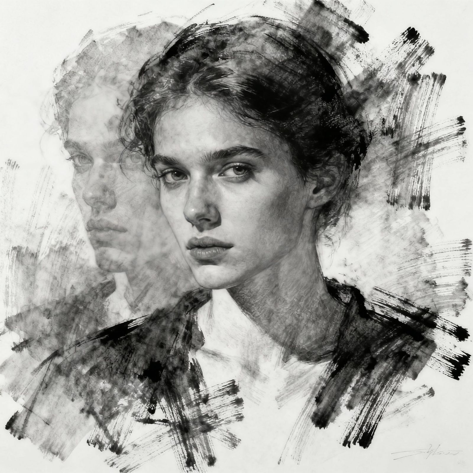 Double Exposure Art with Charcoal Strokes