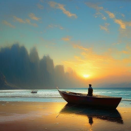 Fisherman at Sunset: A Hyperrealistic Matte Painting