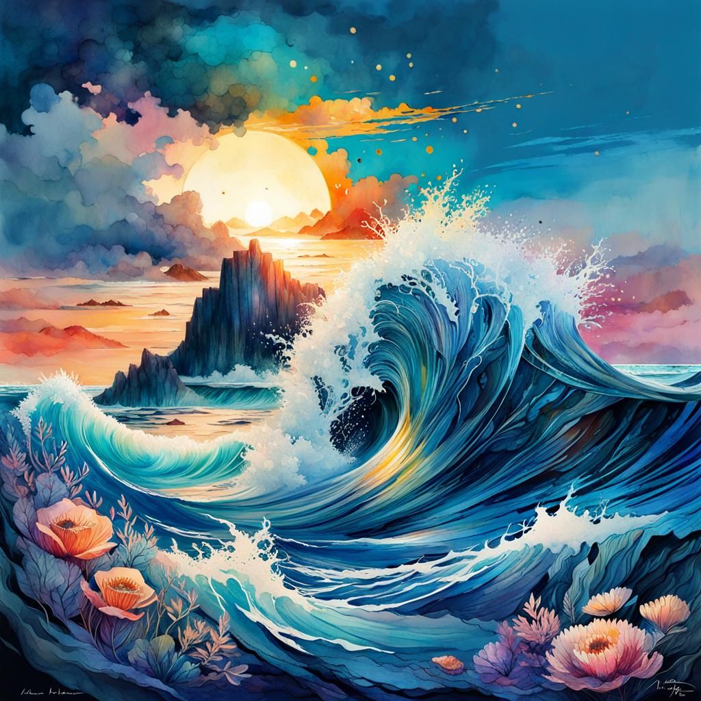 Deep Blue Ocean Waves in Digital Watercolor Illustration